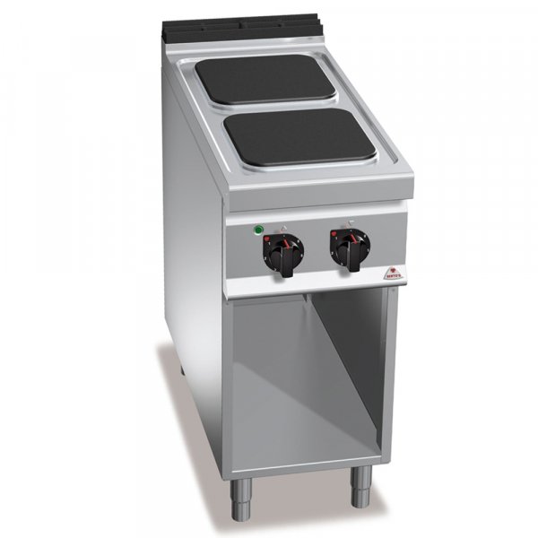 2 SQUARE PLATE ELECTRIC COOKING RANGE ON OPEN CABINET BERTO'S E9PQ2M